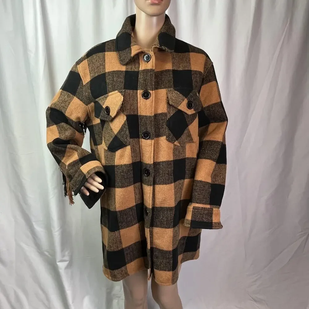 Aqua Jacket Womens Medium Black Orange Plaid Fringe Western Wool Button Front